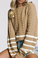 Women's Winter Crew Neck Cable Knit Contrast Stripe Sweater