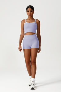 Women Seamless High Waisted Workout Set: Square Neck Vest + Peach Lifting Shorts