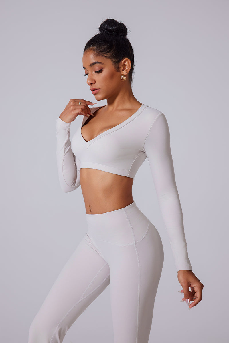 Women'S Brushed Skinny Deep V Backless Open Waist Short Sports Long Sleeves