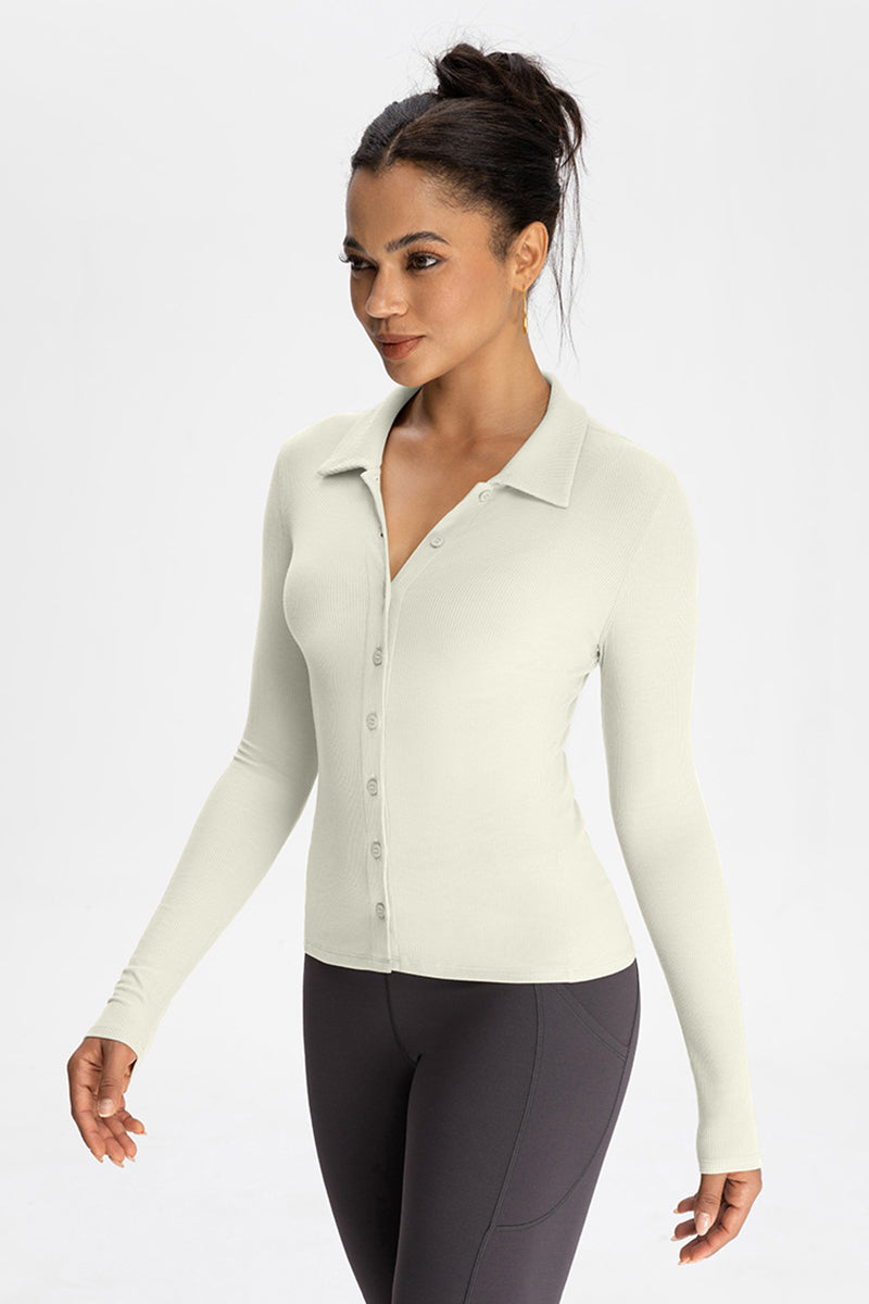 Women Modal Henley Collar Button Down Slim Fit Long Sleeve Yoga Top