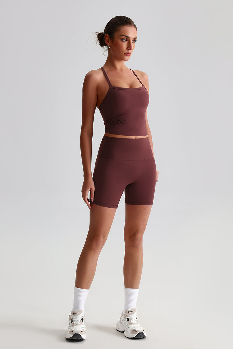 Women High-Waisted Peach Booty Yoga Set: Seamless Crotch Shorts + Y-Back Sports Bra