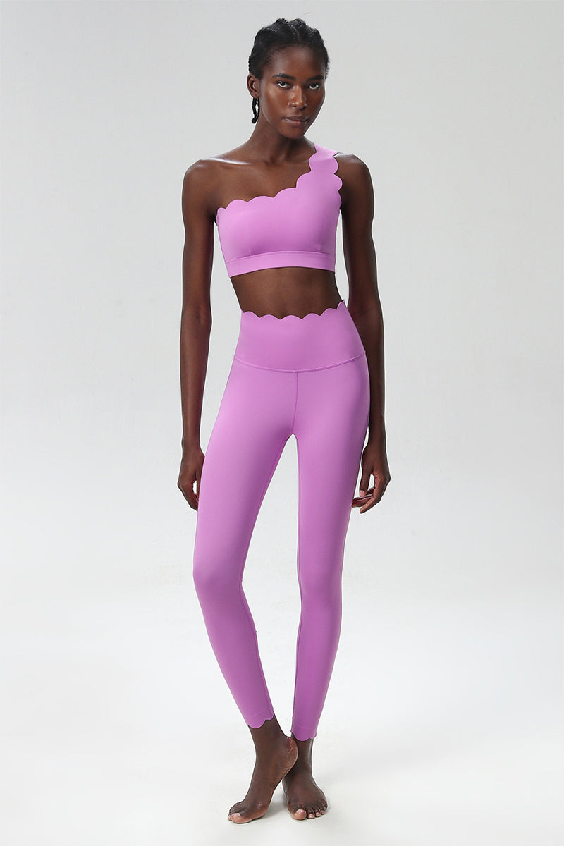 Women Wave Hem Liquid Yoga Set - One-Shoulder Bra & Sculpting Leggings