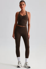 Women Brushed High Waisted Yoga Set: Tummy Control Tights + Halter Neck Support Bra