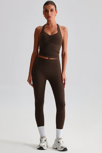 Women Brushed High Waisted Yoga Set: Tummy Control Tights + Halter Neck Support Bra