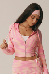 Women's Striped Drawstring Hooded Zip Crop Jacket