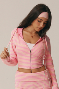 Women's Striped Drawstring Hooded Zip Crop Jacket