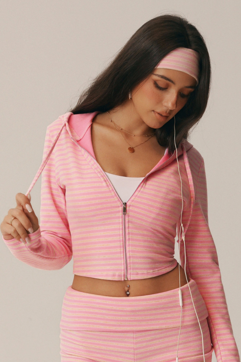 Women's Striped Drawstring Hooded Zip Crop Jacket