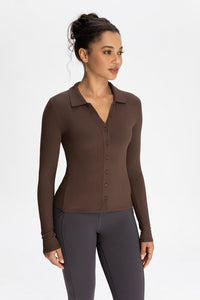 Women Modal Henley Collar Button Down Slim Fit Long Sleeve Yoga Top