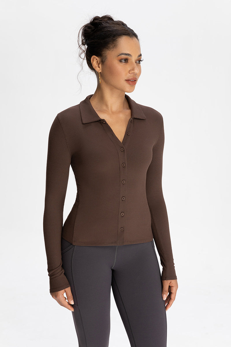 Women Modal Henley Collar Button Down Slim Fit Long Sleeve Yoga Top