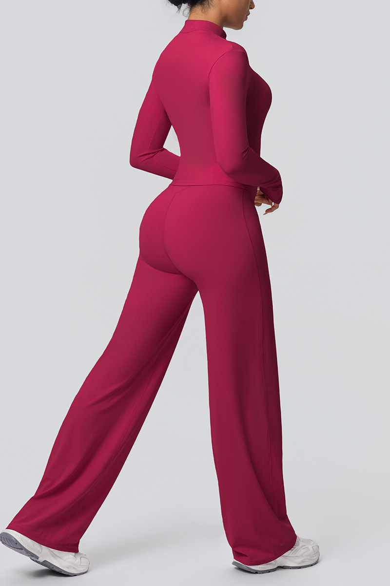 Women's Set:Collared Zippered Jacket And Wide Leg Pants