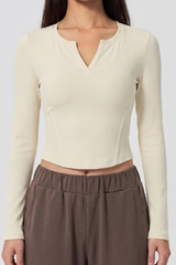 Women's Fall V-neck Slim Fit Ribbed Cropped Long Sleeve Top