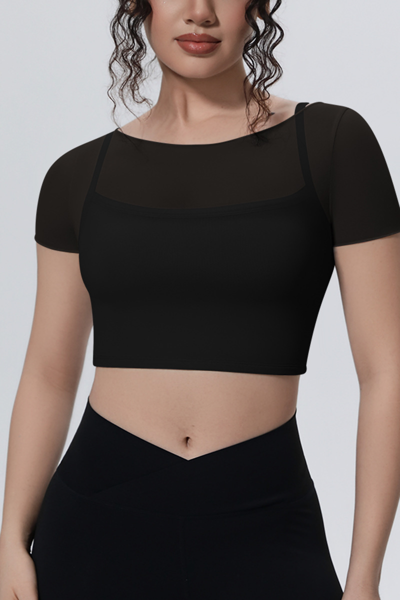 Women's Summer Athletic Mesh Stitched Mock Two-Piece Tee