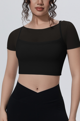 Women's Summer Athletic Mesh Stitched Mock Two-Piece Tee