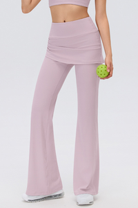 Women's Fake 2-Piece Skort Overlay Ruched Flare Yoga Pants
