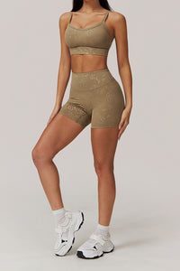 Women Gold Foil Fabric Sports Bras + Yoga Sports Shorts