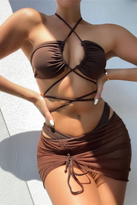 Women's Halter Ruched Triangle Drawstring Cover-up Set-3pcs