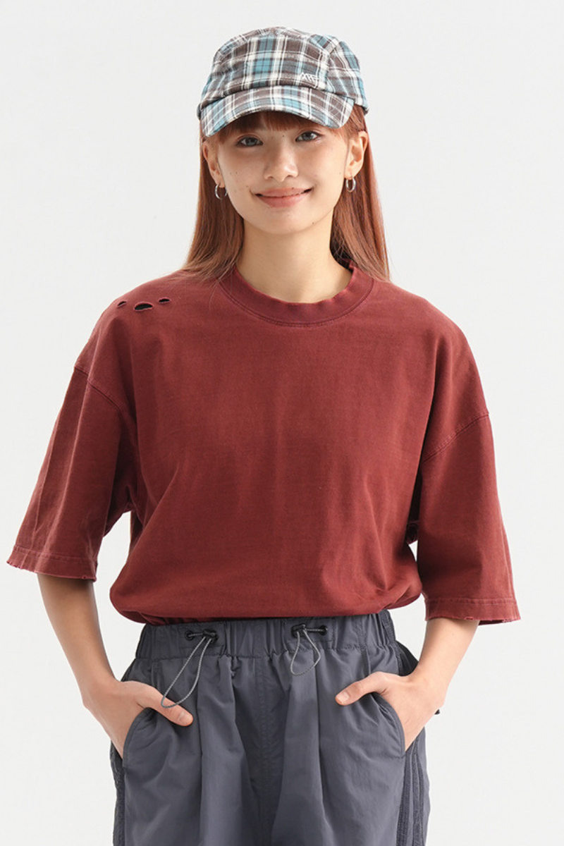 Unisex Cotton Washed RippedLoose Fit Round Neck T-shirt