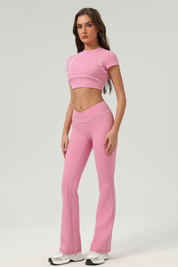 Women's Color‑Contrast Cropped T-shirt & Flared Pants Set