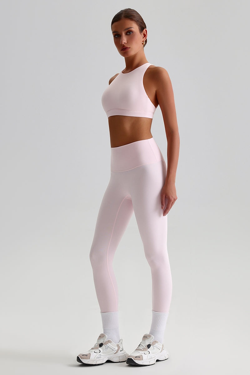 Women Brushed Cross-Back Slim-Fit Yoga Set: High-Waisted Butt-Lifting Outdoor Running Leggings + Round Neck Sports Bra