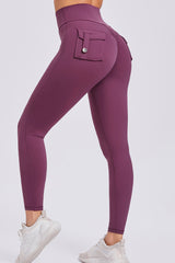 Women Button Work Pocket High Waisted Hip Lifting Stretchy Skinny Yoga Running Fitness Pants
