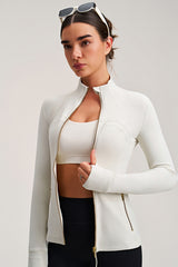 Women Stand Collar Gold Zipper Slim Fit Yoga Jacket Running Workout Top