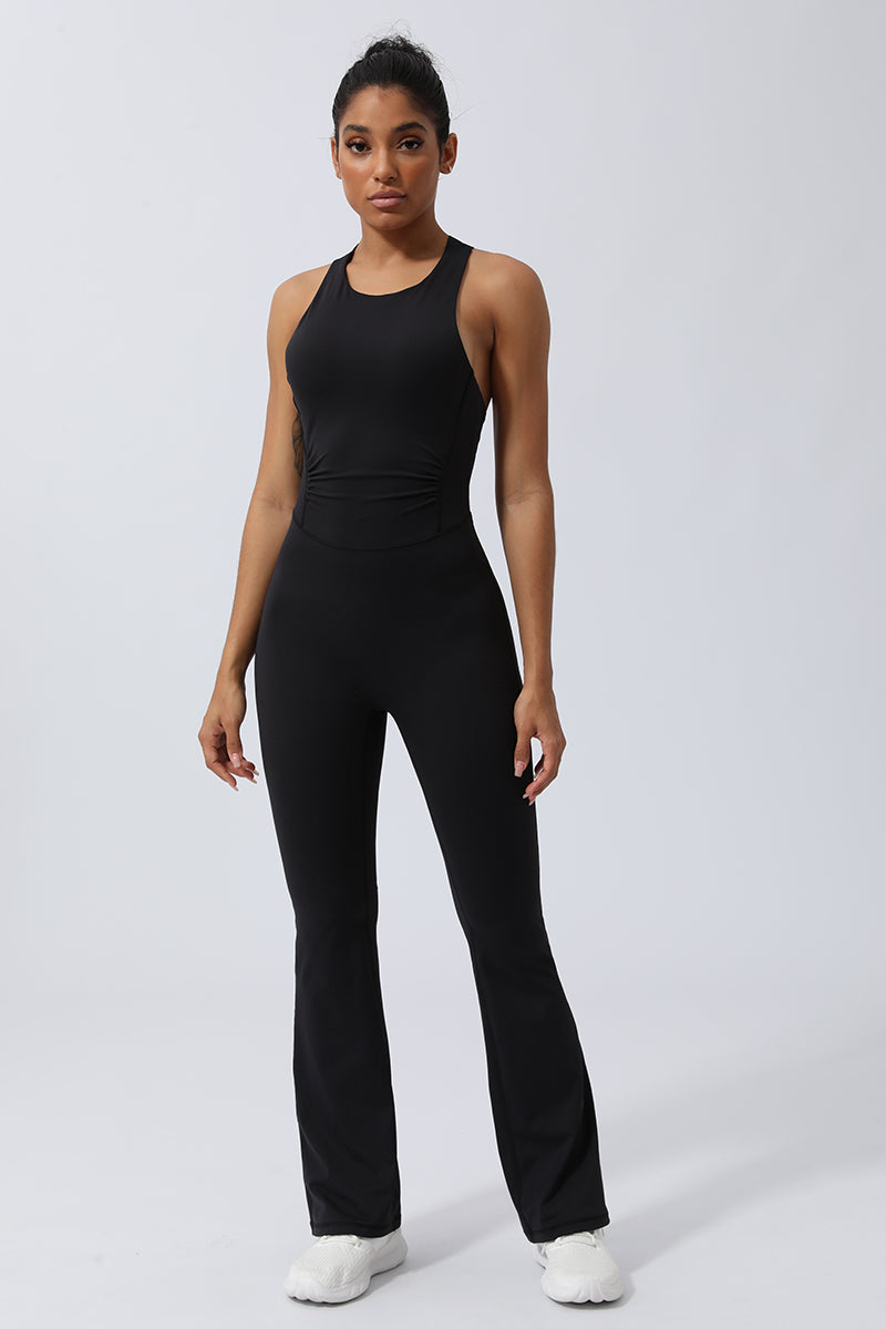 Women Criss Cross Back Sport Flare Jumpsuit