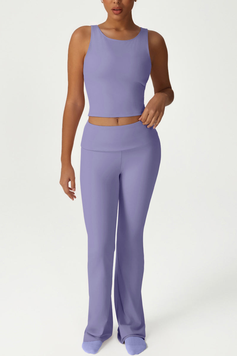 High-stretch tops folded high-waisted flared pants 2-piece set