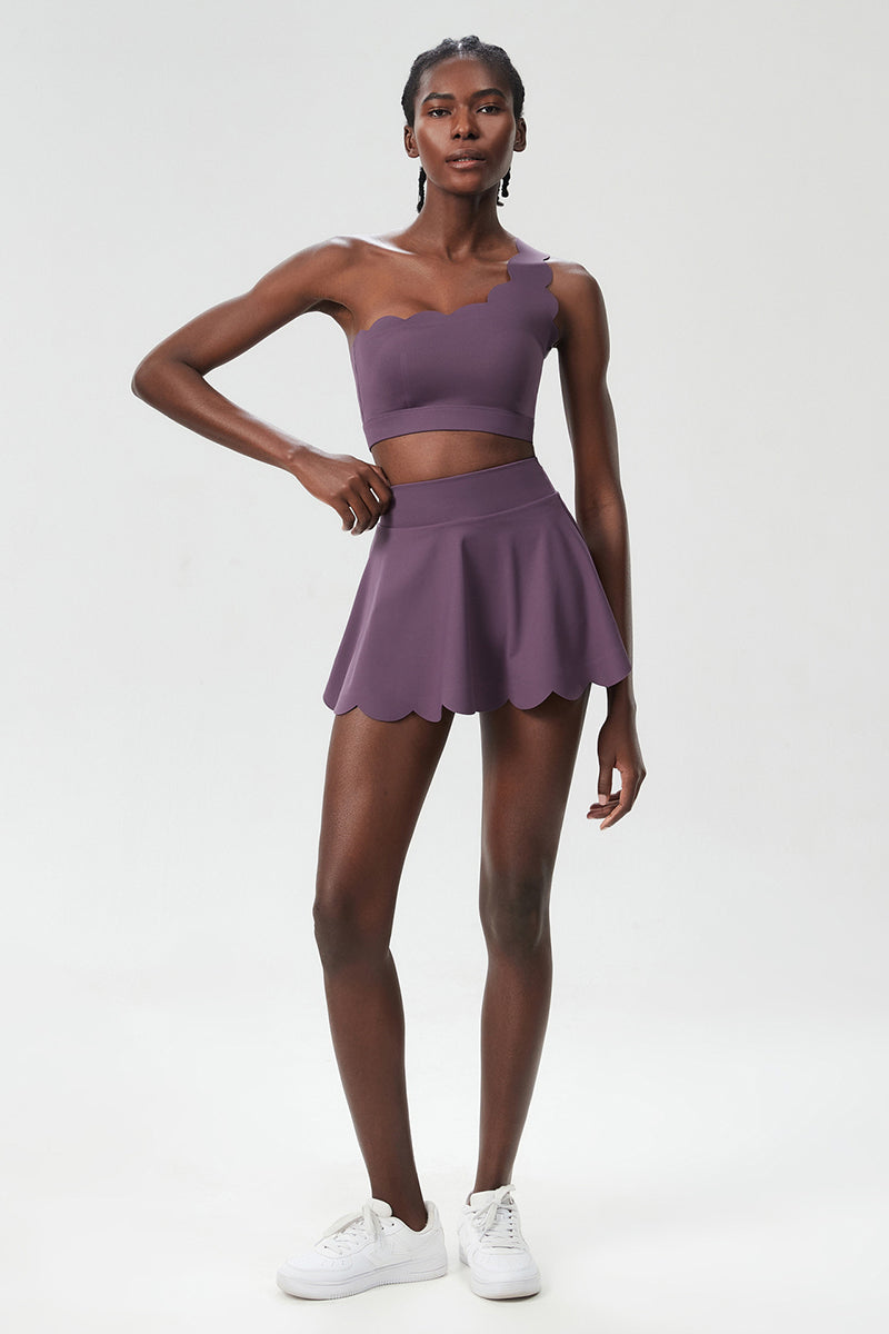 Women Wave Scoop-Neck Seamless Plus Size Tennis Set - Quick-Dry One-Shoulder Bra & Ruffle Hem Skirt