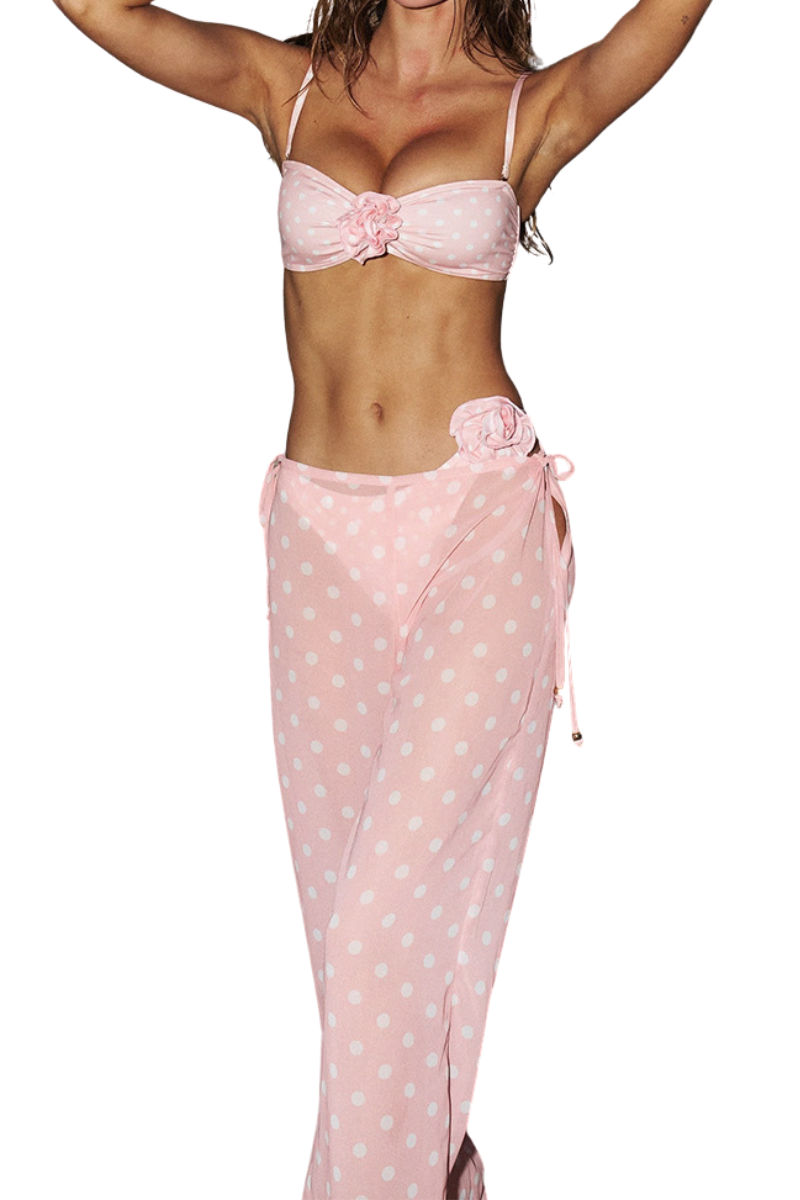 Women's Sexy 3D Floral Wide Leg Adjustable Bikini Set - Pink
