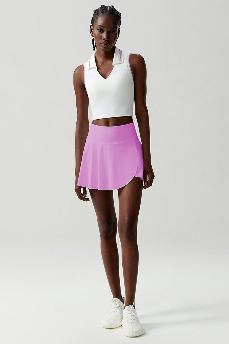 Women Stretch Yoga Tennis Set: Sleeveless Sports Top + High Waist Skirt