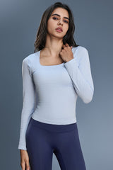 Women Square-Neck Built-in Bra Slim-Fit Workout Long Sleeves