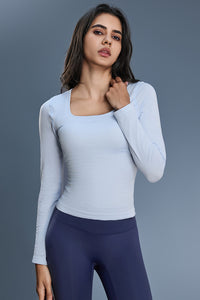 Women Square-Neck Built-in Bra Slim-Fit Workout Long Sleeves