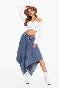 Women's High Waist Button Front Asymmetrical Denim Skirt