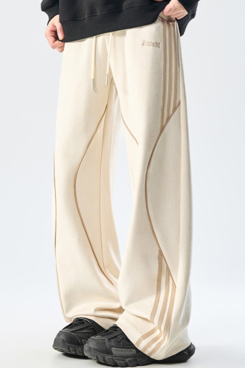 Men Curved-Line Striped Wide-Leg Casual Sweatpants.