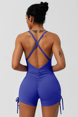 Women Criss Cross Back Drawstring Sport Jumpsuit