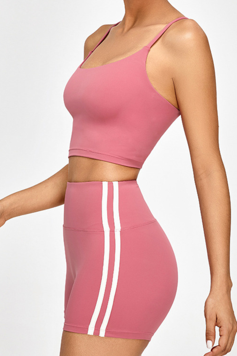 Women's Set:Cross Back Bra & Side Color-Blocked Stripe Short