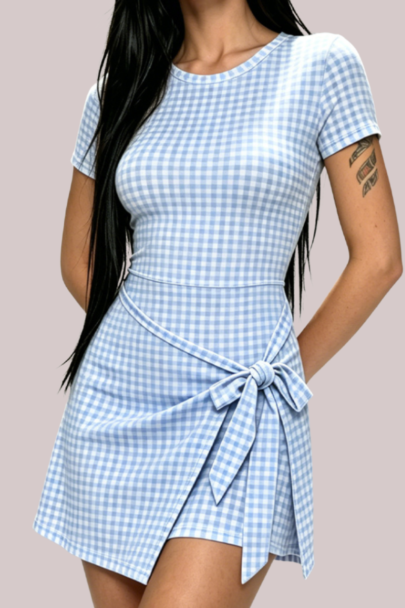 Women's Round-Neck Checkered Mini Dress With Waist Bow Tie