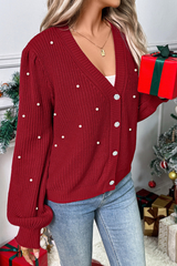 Pearled-decorated knitted cardigan