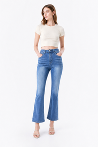 Women's High Waist Stretch Embroidered Pockets Flare Jeans