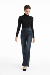 Women's High Waist Flare Jeans with Side Pearl Details