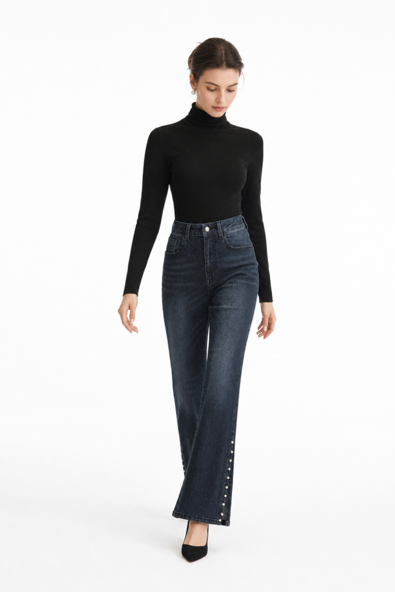 Women's High Waist Flare Jeans with Side Pearl Details