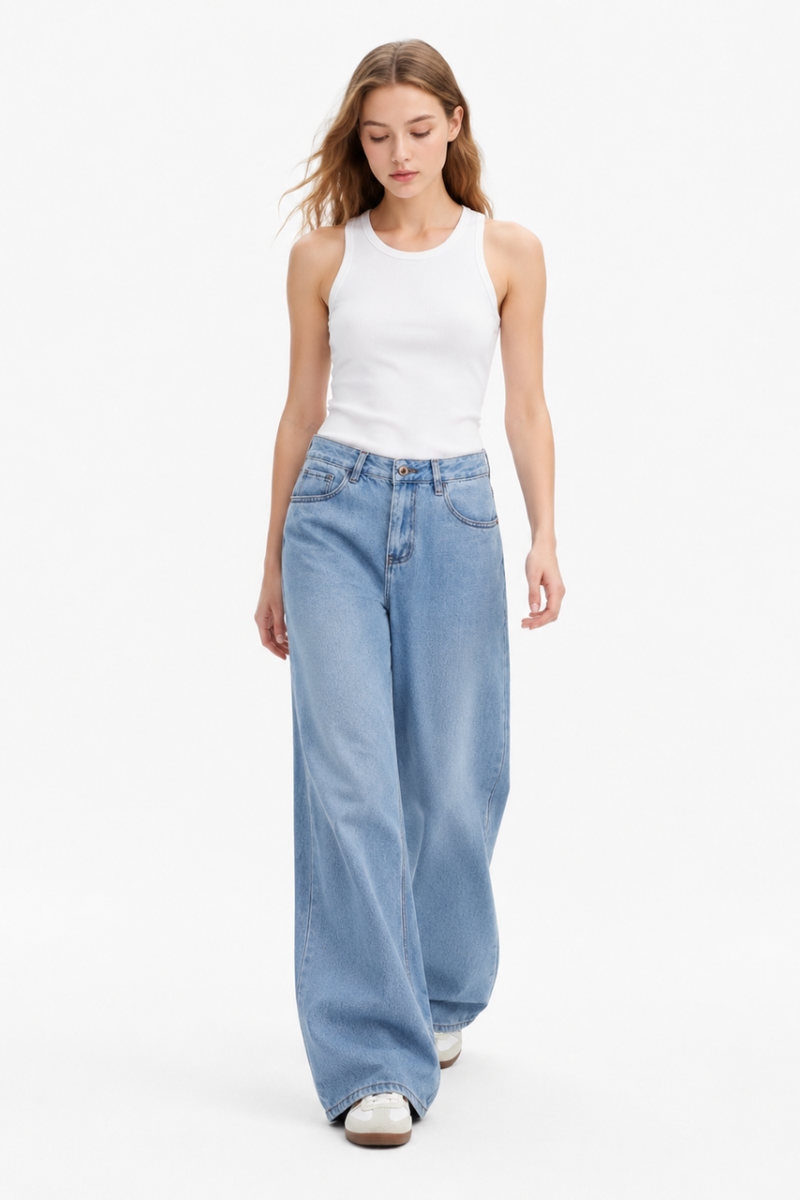 Women's 100% Cotton High Waist Wash Wide Leg Jeans