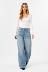 Women's 100% Cotton Mid Waist Wash Wide Leg Jeans