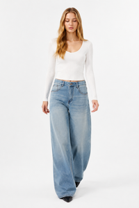 Women's 100% Cotton Mid Waist Wash Wide Leg Jeans