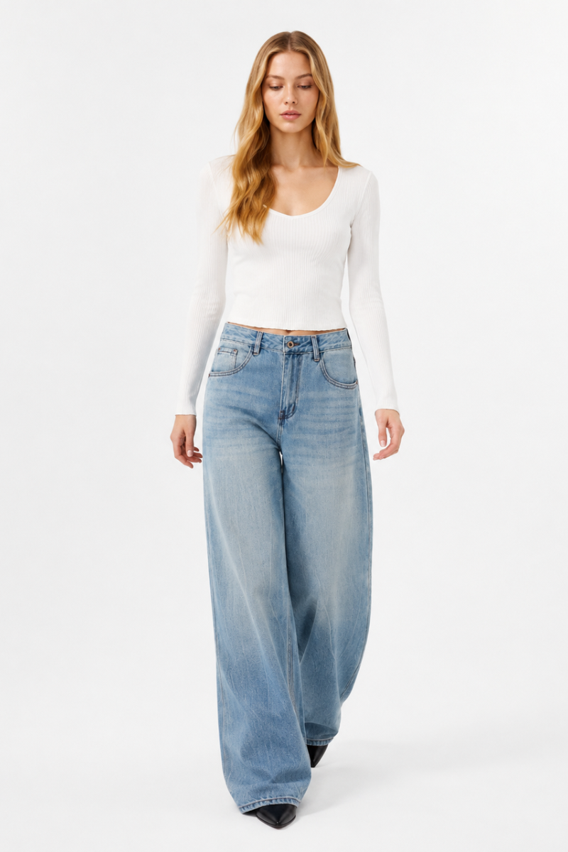 Women's 100% Cotton Mid Waist Wash Wide Leg Jeans