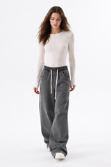 Women's Fall Drawstring Waist Side Pocket Wide Leg Jeans