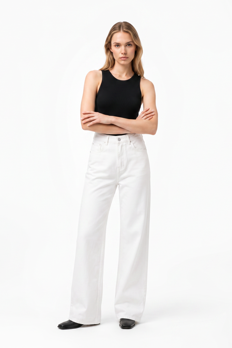 Women's Fall 100% Cotton Pure White Wide Leg Jeans