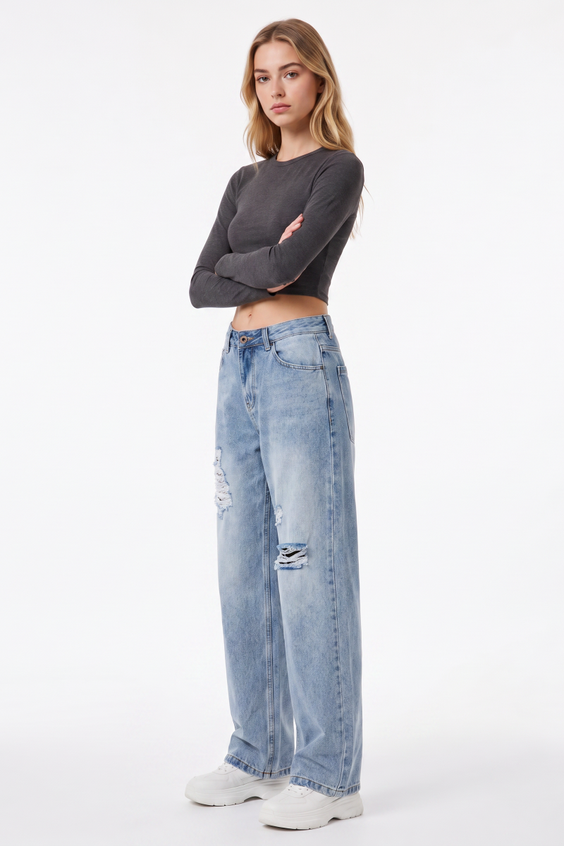 Women's Fall High Waist Ripped Straight Leg Jeans