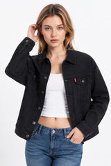 Women’s Black Button Front Chest Pocket Denim Jacket