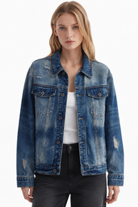 Women's Fall 100% Cotton Distressed Wash Casual Denim Jacket